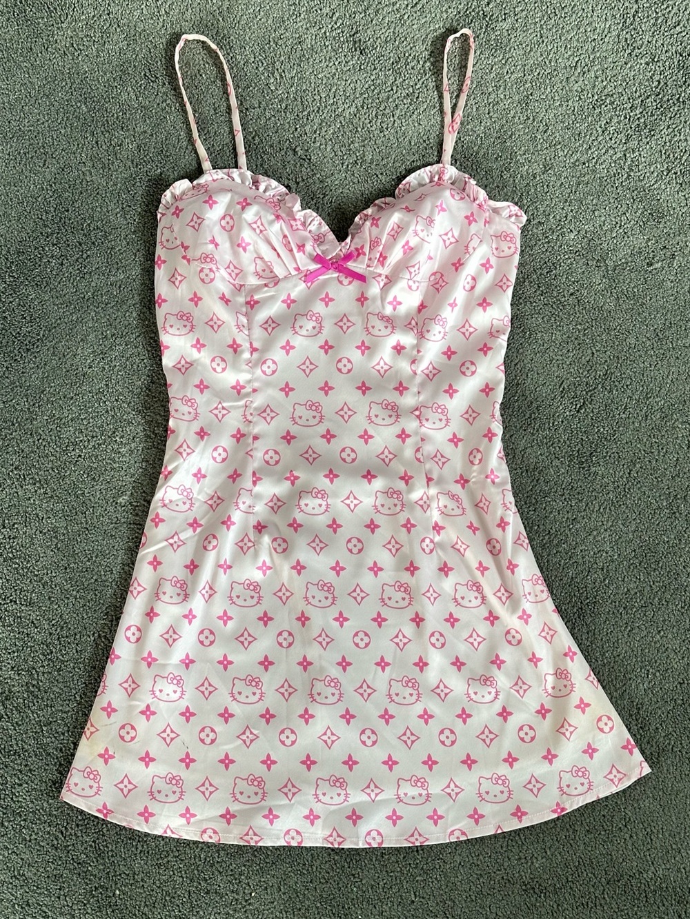 Y2K Ouchhh Hello Kitty Print Satin Chemise Slip Babydoll Dress LV Print McBling